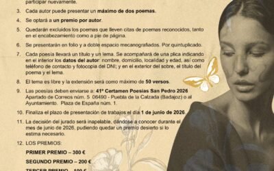 La Concejalía de Cultura de Puebla de la Calzada convoca el 41º Certamen de Poesías San Pedro 2026